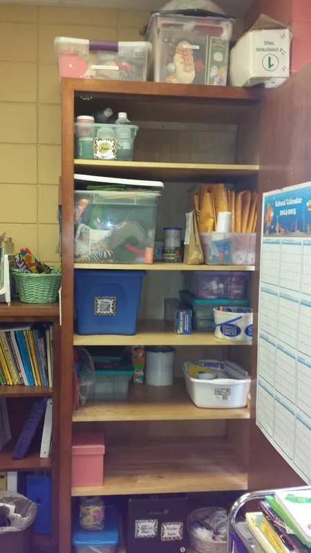 classroom closet after organzing